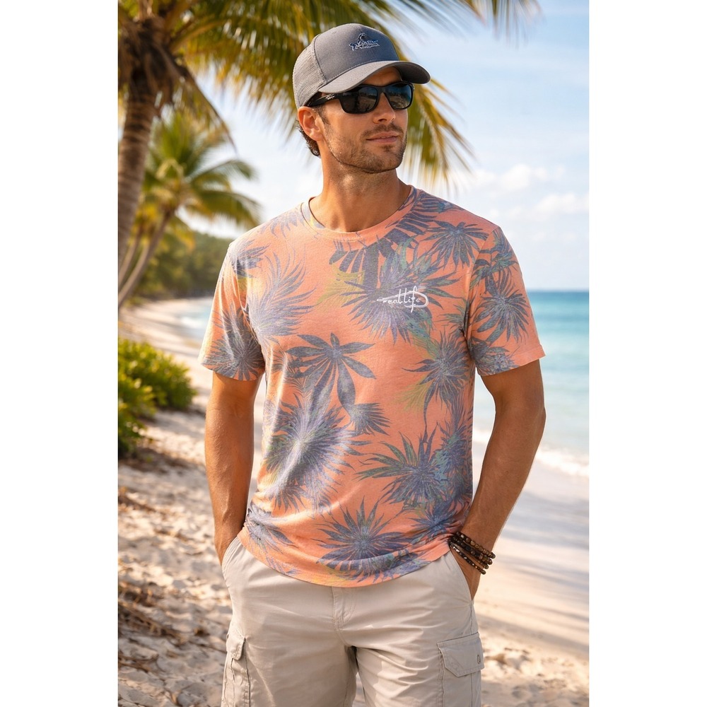 Reel Life Tropical Palm Leaf T Shirt XXL Orange Fishing Beach Graphic Short Slee
